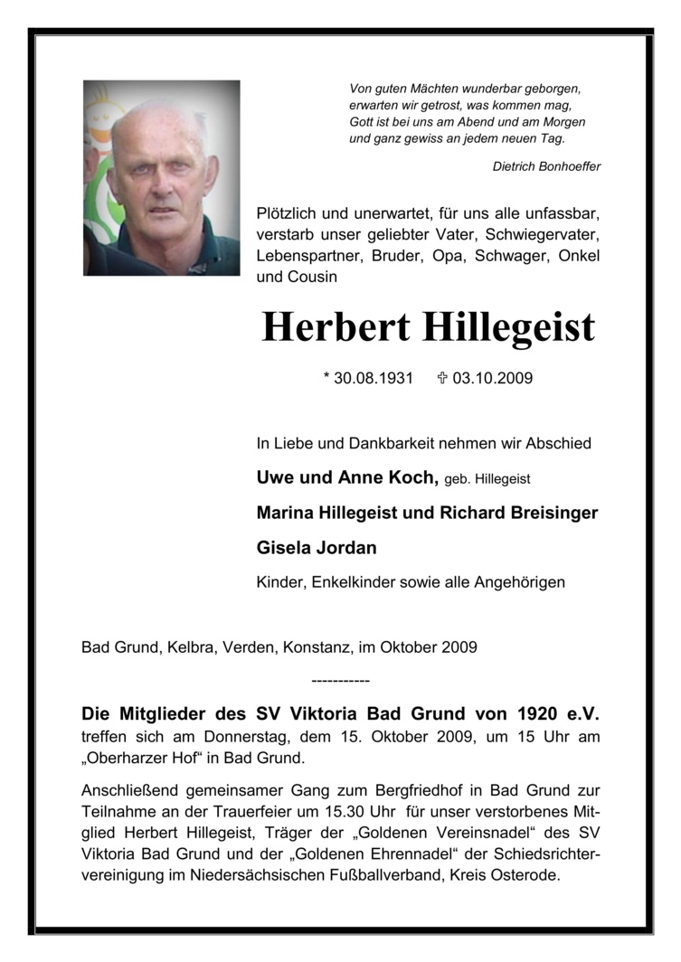 Trauerfeier Herbert Hillegeist